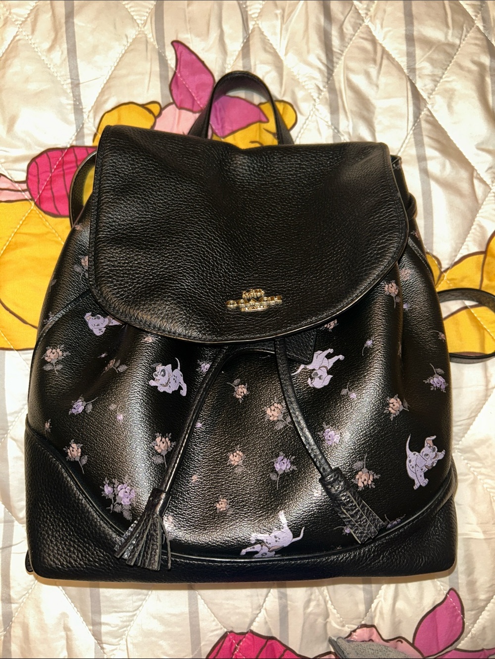 101 Dalmatian Coach Black Leather Backpack with Lavender & Floral Print - Picture 1 of 16